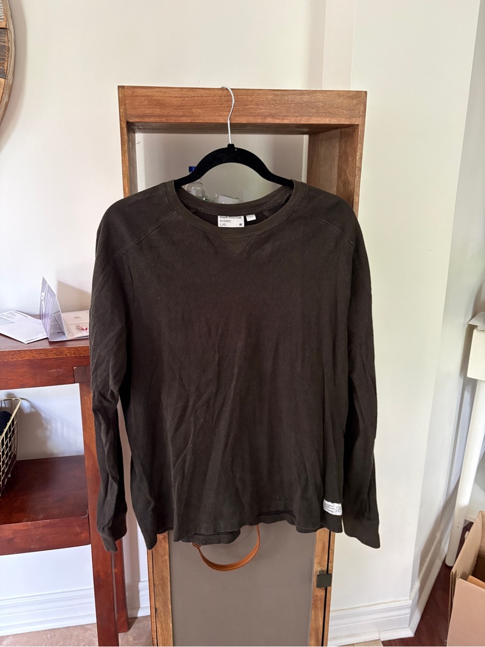 Frank and Oak Men's Dark Olive Long-Sleeve Waffle Knit Shirt